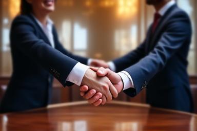 Two professionals shaking hands in a boardroom