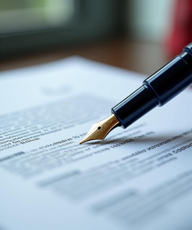 Close up of a premium fountain pen resting on a detailed legal document