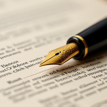 Close up of a luxury fountain pen on a complex legal document with highlighted sections